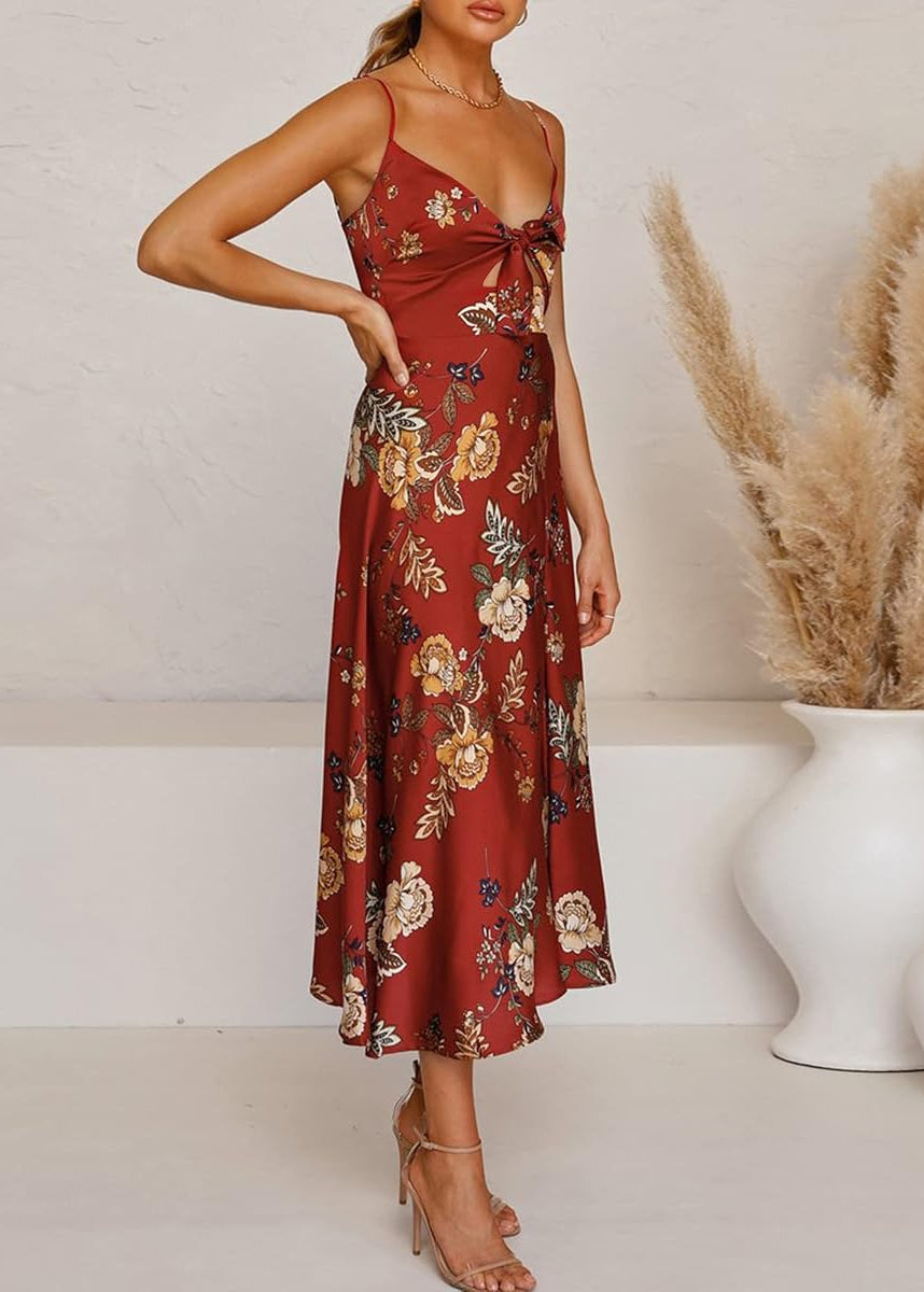 Floral Satin Tie Front Midi Dress