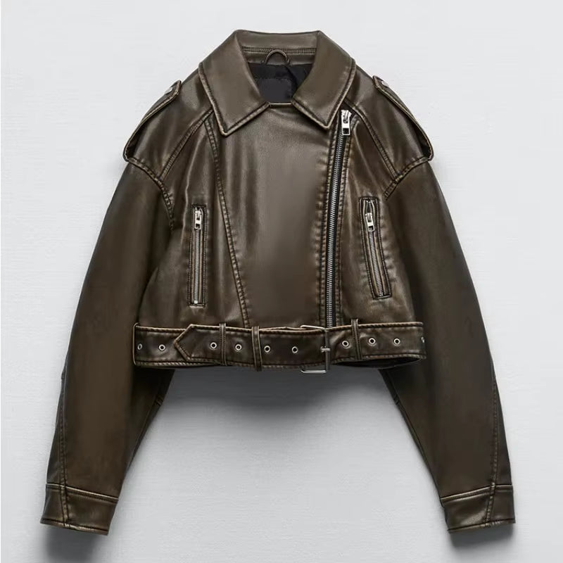 2025 Vintage Loose Pu Faux Leather Short Jacket with Belt Streetwear Female Zipper Retro Moto Biker Coat Outwear Tops