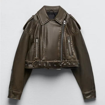 2025 Vintage Loose Pu Faux Leather Short Jacket with Belt Streetwear Female Zipper Retro Moto Biker Coat Outwear Tops