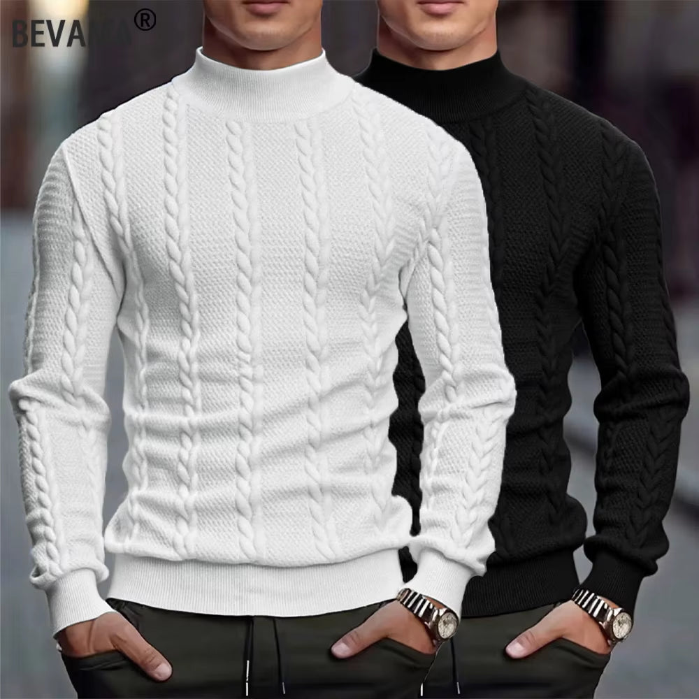 Men'S Knitted High Collar Sweater Casual Vintage Twist Knitwear Sweater Tops Winter Solid Color Slim Fit Warmth Sweater Tops
