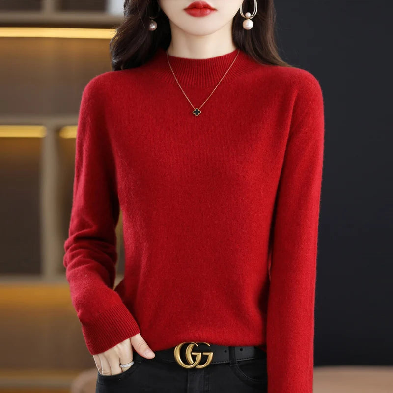 100% Merino Wool Cashmere Sweater Women'S Sweater Semi-High-Necked Long-Sleeved Pullover New Warm Pullover in Autumn and Winter.