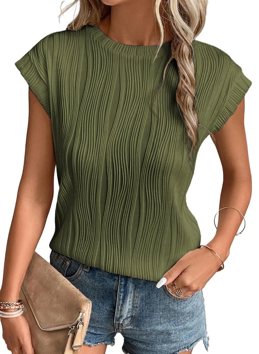 Basic Tops for Women Cap Sleeve Crewneck Textured Knit T Shirts Casual Loose Solid Ladies Blouses Spring Summer Green