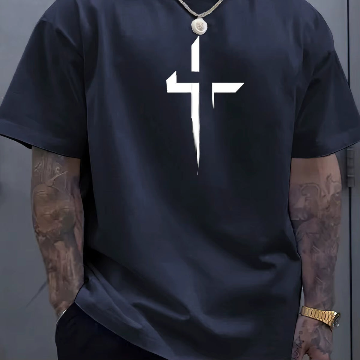 Summer Men'S 100% Pure Cotton Casual Loose plus Size Cross Creative Printed Sports Comfortable round Neck Short Sleeved T-Shirt