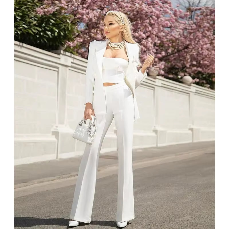 Office Ladies Pantsuit Women Yellow Purple Business Classic Single Buttons Flared Pants Blazer + Pants Two Piece Set Formal Suit