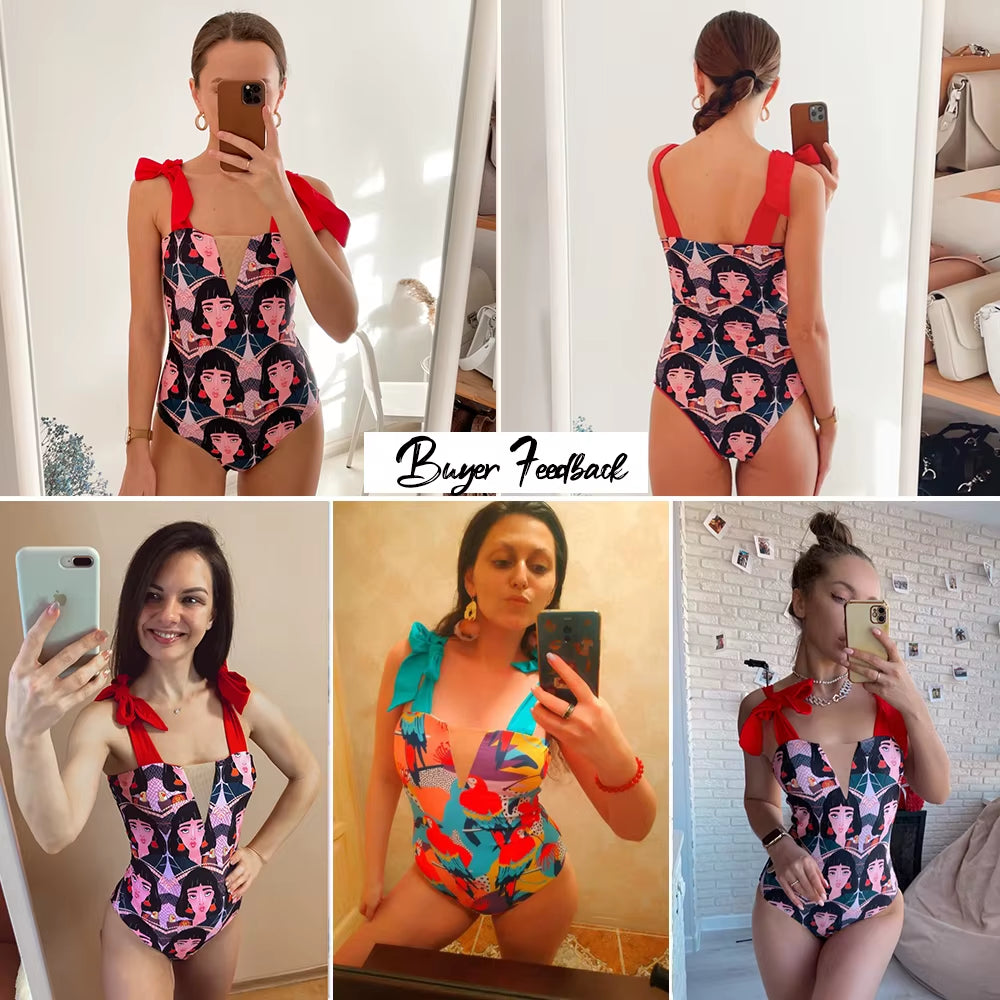 One Piece Swimsuit New Cute Swimwear Women Bow Swimwear Hollow Out Bathing Suit Back Crisscross Monokini Swim