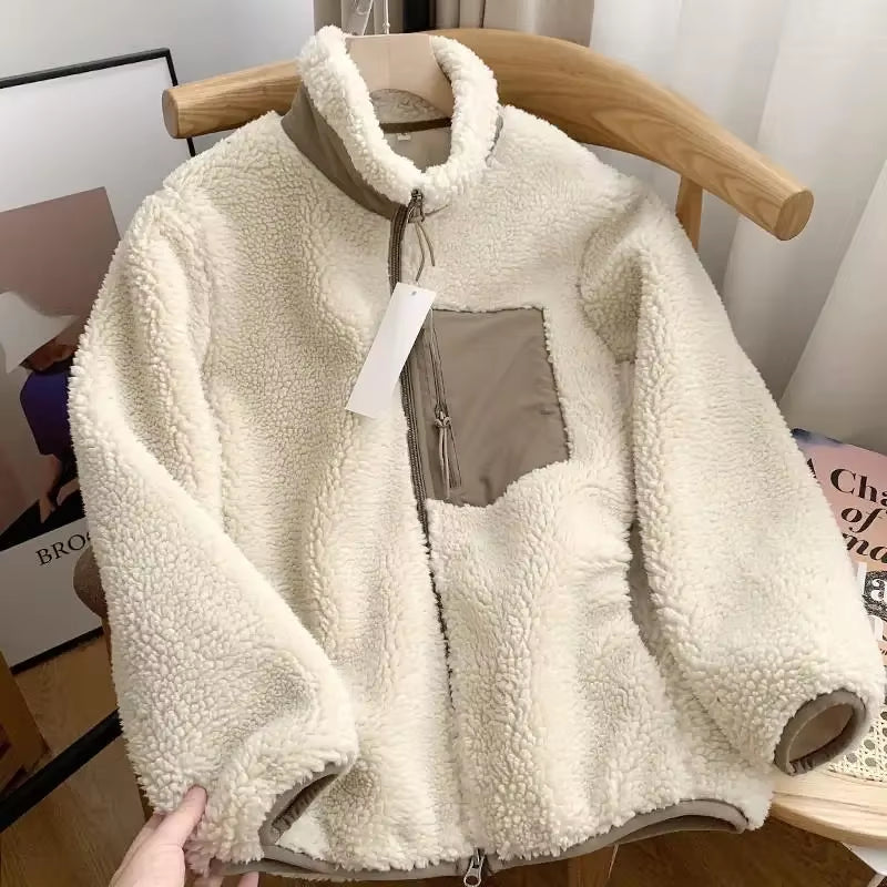 Autumn and Winter Japanese Men'S and Women'S Fleece Stand Neck Jacket Couple Zipper Loose Warm Lamb Wool Coat Solid Color Jacket