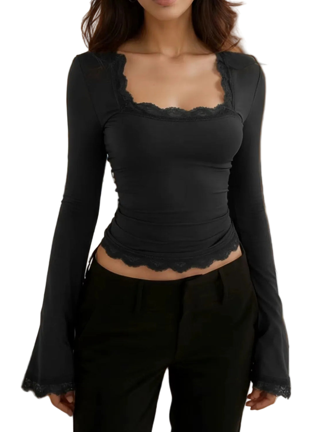 Women'S Sexy Lace Patchwork Square Collar Long Sleeve T-Shirt Elegant Slim Fit Flare Sleeve Cropped Top Spring/Fall 2026