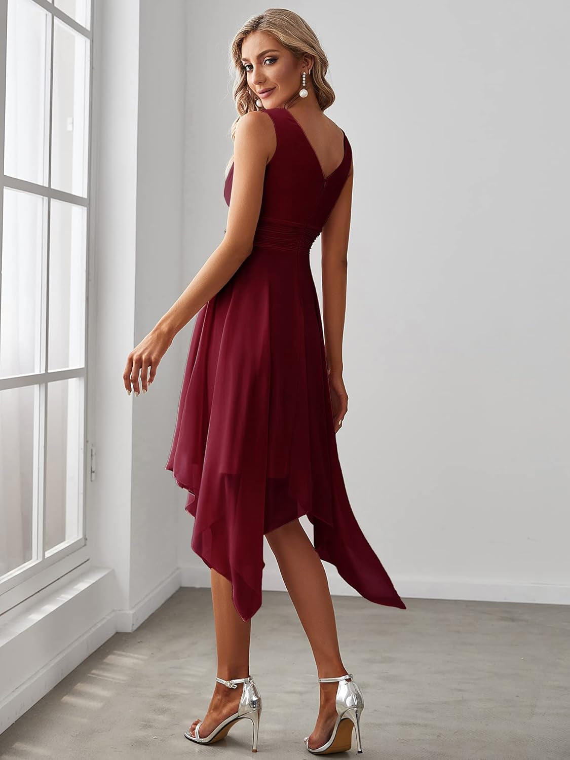 Women'S V Neck Pleated Waist Sleeveless Wedding Guest Dress Chiffon Irregular Hem Cocktail Dresses 03142