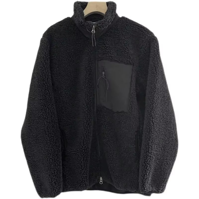 Autumn and Winter Japanese Men'S and Women'S Fleece Stand Neck Jacket Couple Zipper Loose Warm Lamb Wool Coat Solid Color Jacket