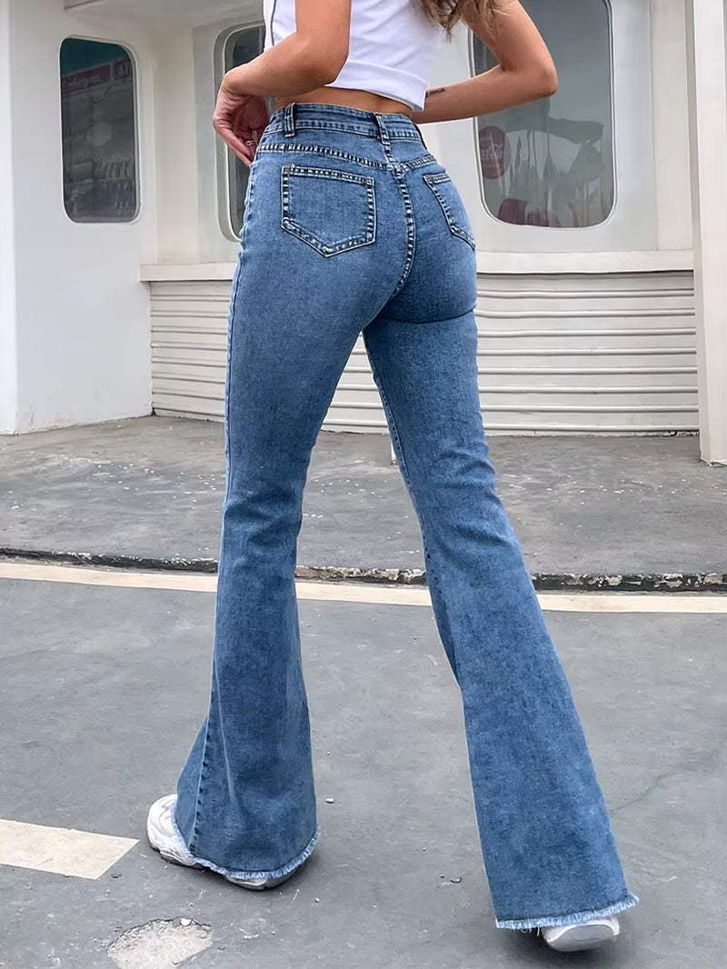 Button Fly Women'S Raw Hem Flare Jeans Autumn Fashion Woman Denim Pants Jean Femme High Waist Full Length Slim Jeans