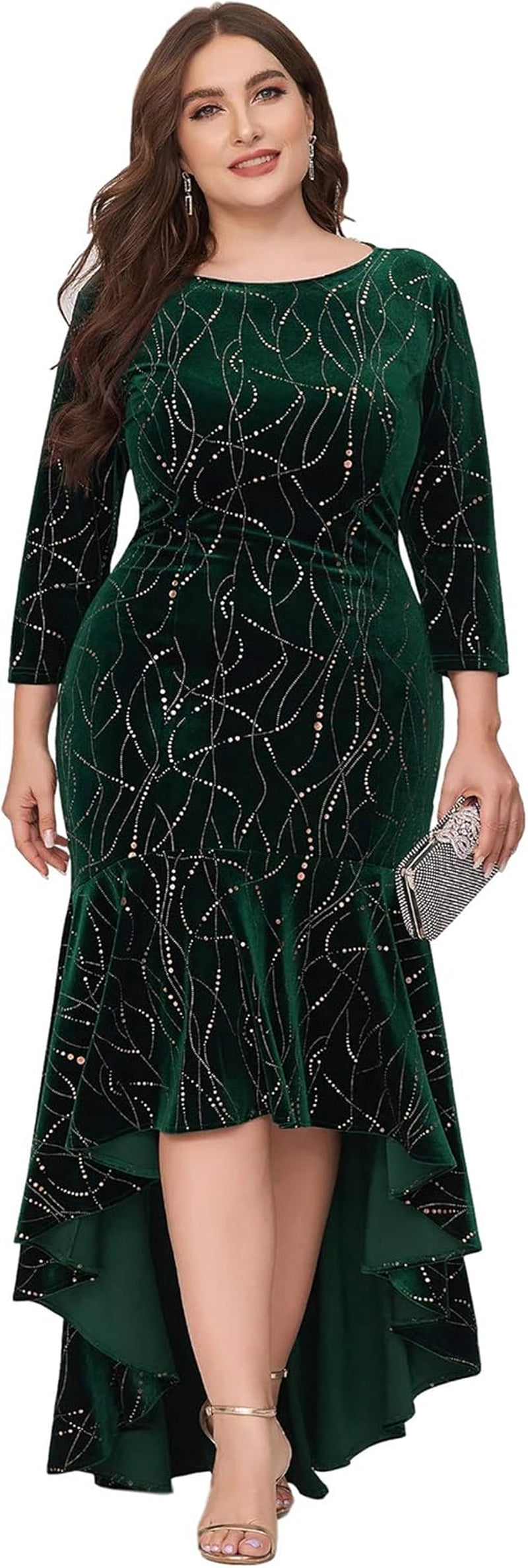 Women'S 3/4 Sleeve Velvet plus Size Mermaid Mother of the Bride Dresses Green US20