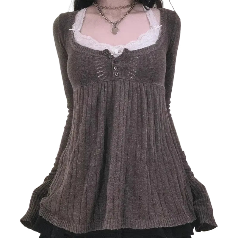 2000S Vintage Long Sleeve Babydoll Knitted Sweater Tops Cottage Milkmaid Pullovers Aesthetic Grunge Y2K Knitwear T-Shirts Women
