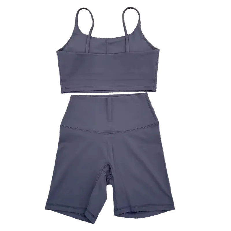 Solid Color Gym Cycling Shorts Yoga Set Short Legging +Spaghetti Straps Sport Bra Athletic Women Suit Comprehensive Training Jog
