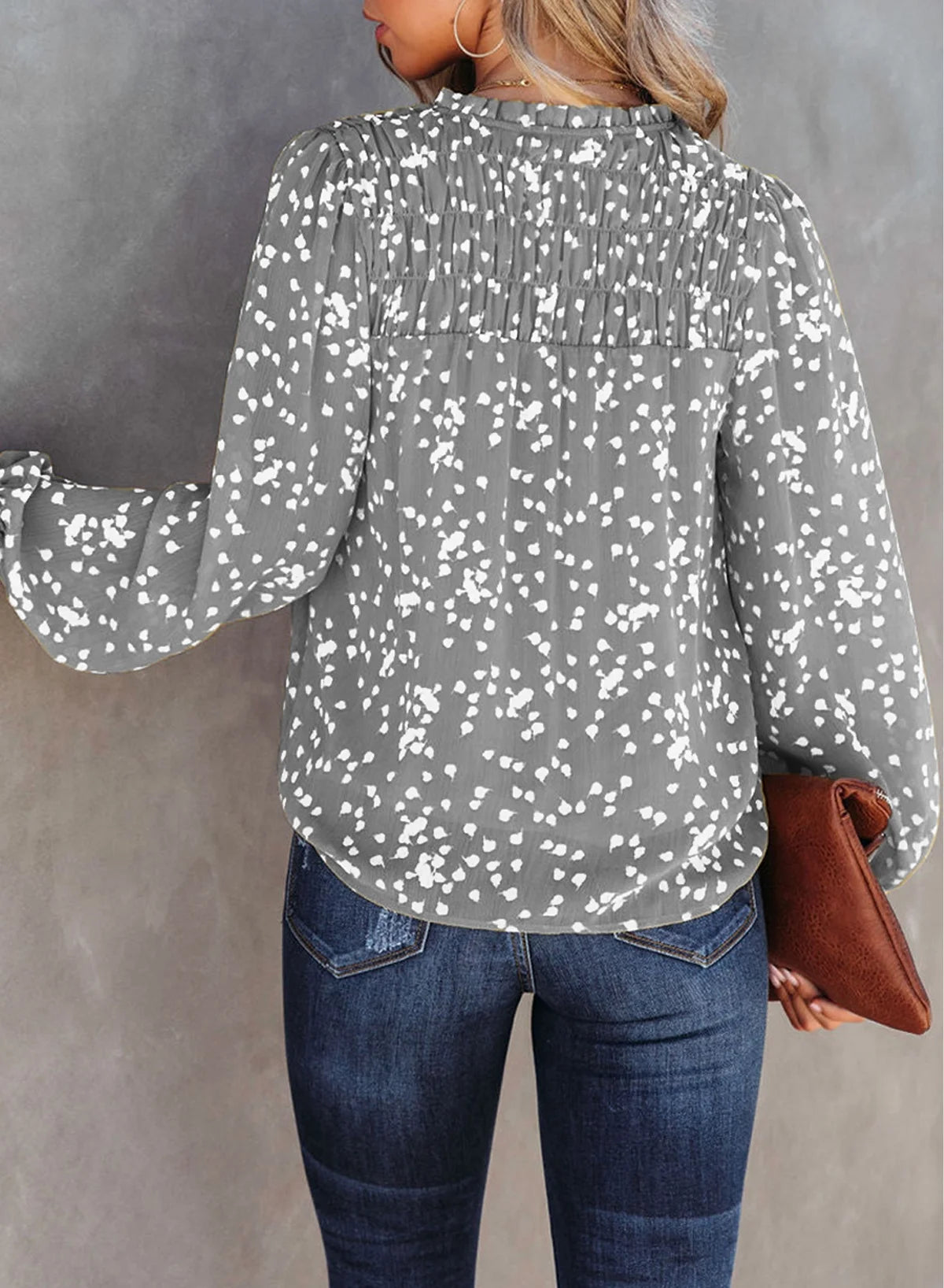 Blouses for Women Casual V Neck Long Sleeve Pleated Smocked Boho Floral Print Tunic Tops Business Dressy Top Shirts Gray M