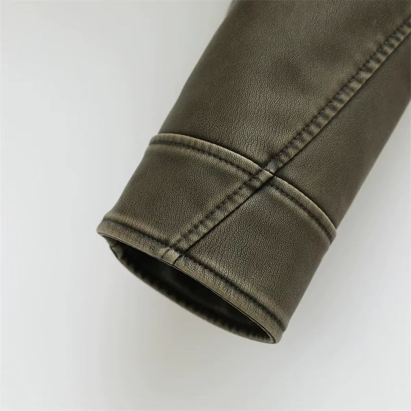 2025 Vintage Loose Pu Faux Leather Short Jacket with Belt Streetwear Female Zipper Retro Moto Biker Coat Outwear Tops