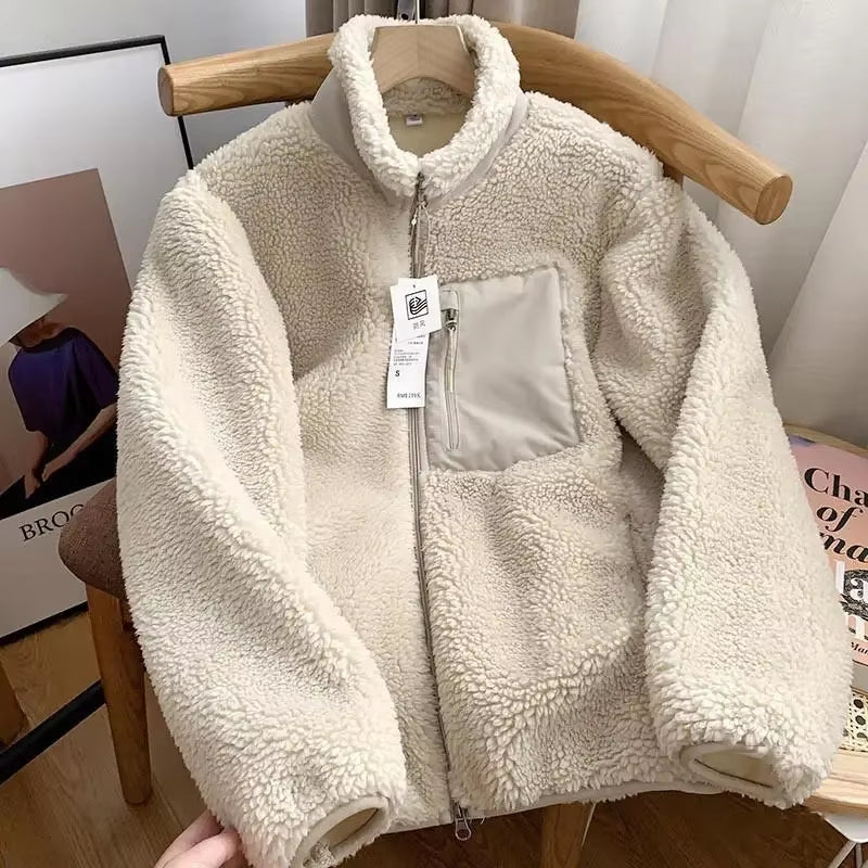 Autumn and Winter Japanese Men'S and Women'S Fleece Stand Neck Jacket Couple Zipper Loose Warm Lamb Wool Coat Solid Color Jacket