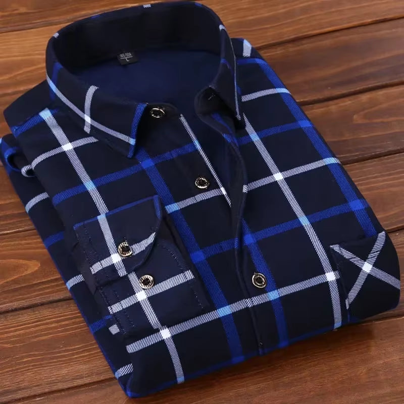2025 Men'S Winter Warm Long Sleeve Plaid Shirts Flannel Fur Lined Thick Formal Shirts Fleece Casual Shirt for Men Dress Shirts