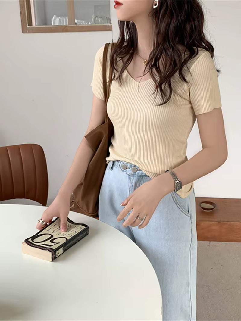 2026 Basic V-Neck Solid Thin Summer Pullover Women Female Knitted Ribbed Sweater Slim Short Sleeve Bodycon Sweater