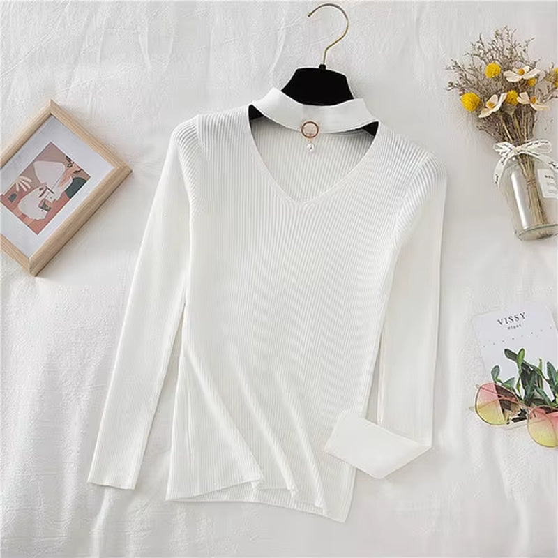 2026 Basic V-Neck Beading Solid Autumn Winter Sweater Pullover Women Knitted Sweaters Slim Stretch Badycon Jumper Mujer