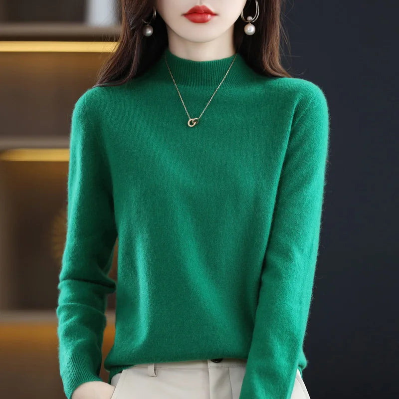 100% Merino Wool Cashmere Sweater Women'S Sweater Semi-High-Necked Long-Sleeved Pullover New Warm Pullover in Autumn and Winter.