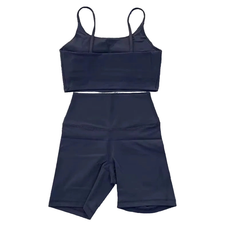 Solid Color Gym Cycling Shorts Yoga Set Short Legging +Spaghetti Straps Sport Bra Athletic Women Suit Comprehensive Training Jog