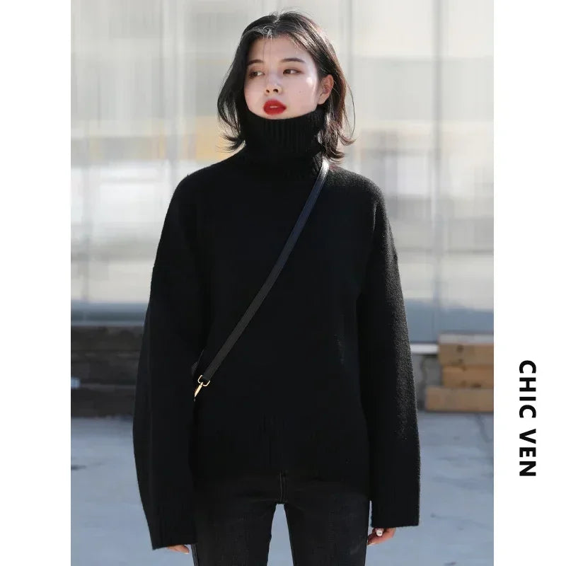 Korean Women'S Sweater Loose Turtleneck Sweaters Warm Solid Pullover Knitwear Basic Female Tops Autumn Winter 2022