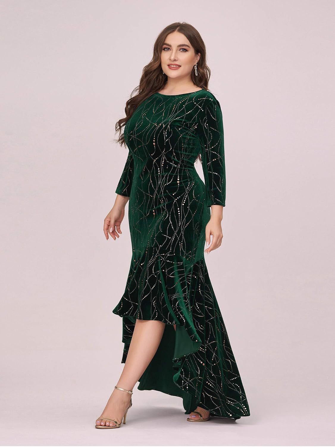 Women'S 3/4 Sleeve Velvet plus Size Mermaid Mother of the Bride Dresses Green US20