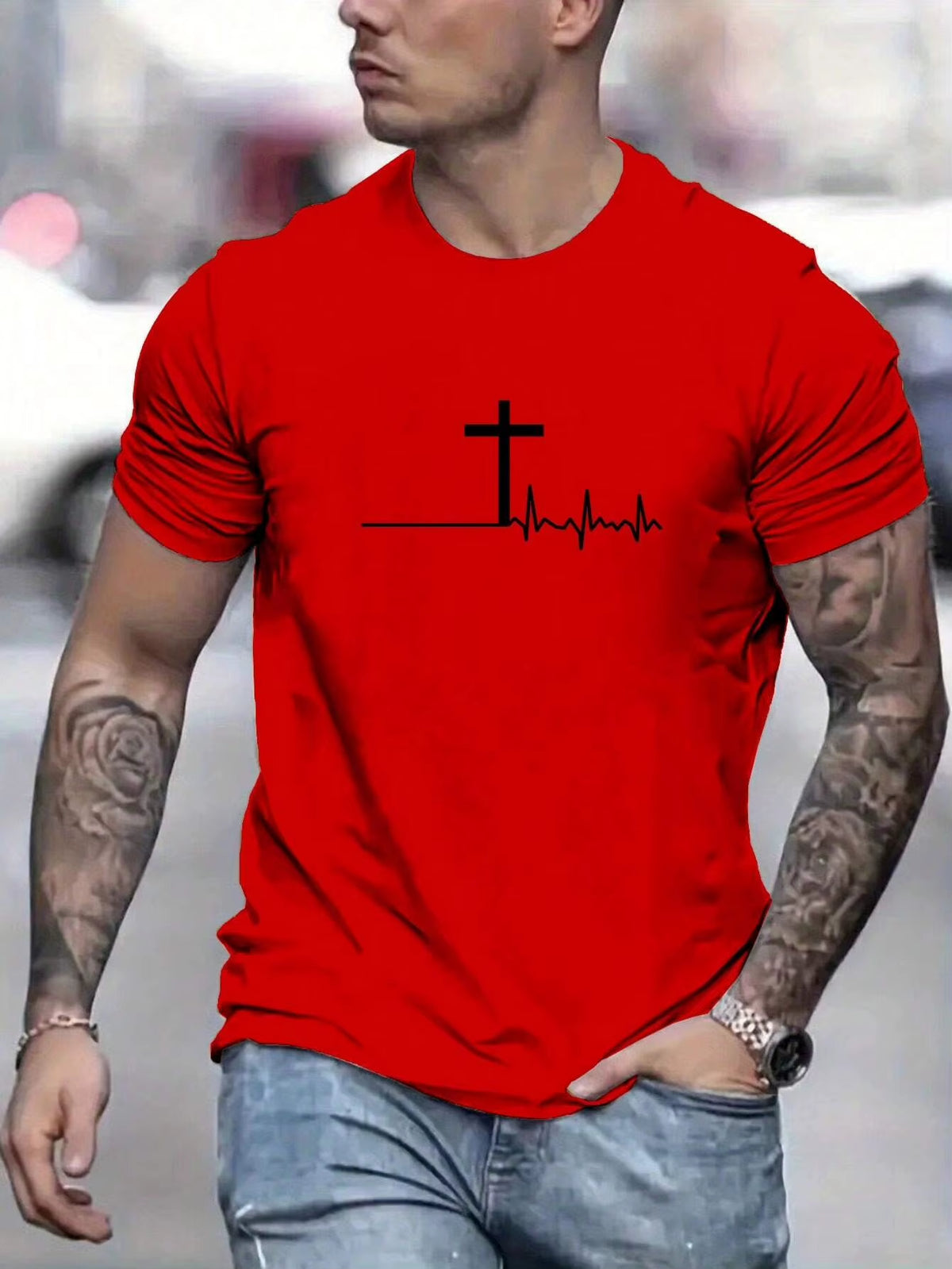 Men'S 100% Cotton Summer Loose and Comfortable Fashion Cross Print Slim Fit Casual Sports round Neck Short Sleeved T-Shirt Top