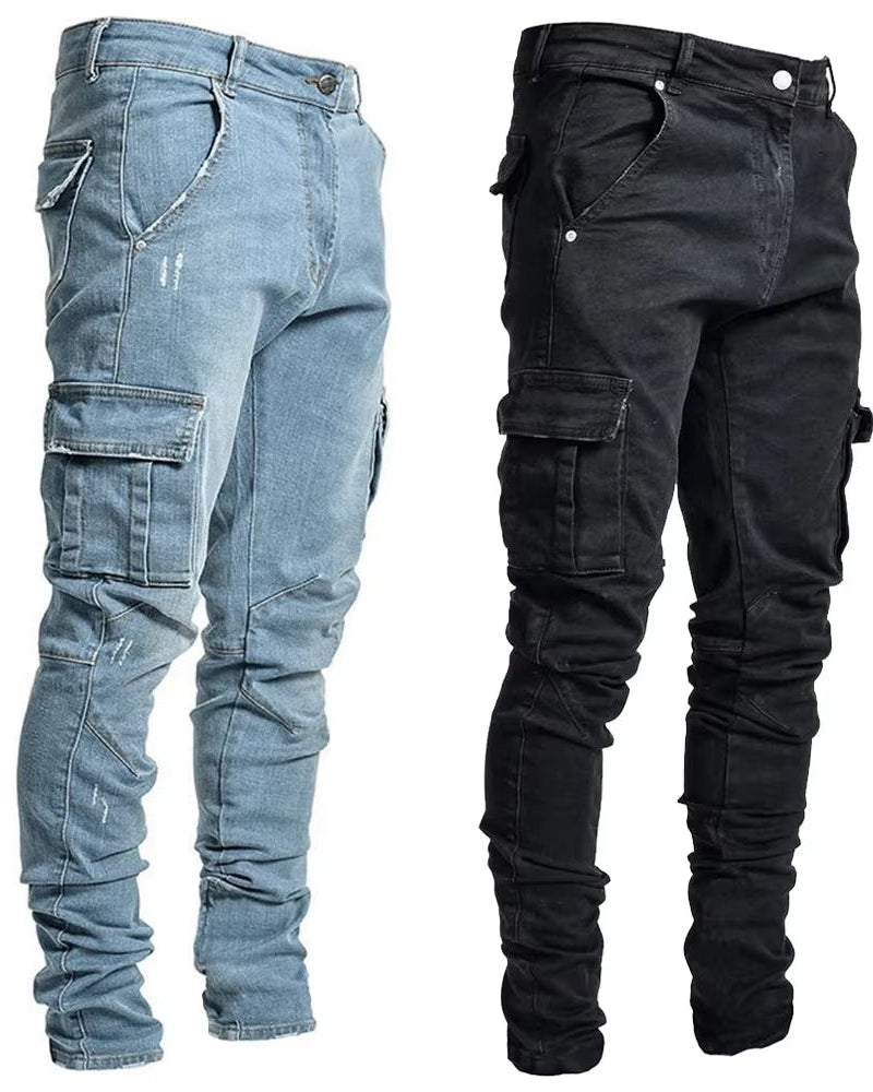 Street Elastic Jeans Men Denim Cargo Pants Wash Solid Color Multi Pockets Casual Mid Waist Trousers Slim Fit Daily Wear Joggers