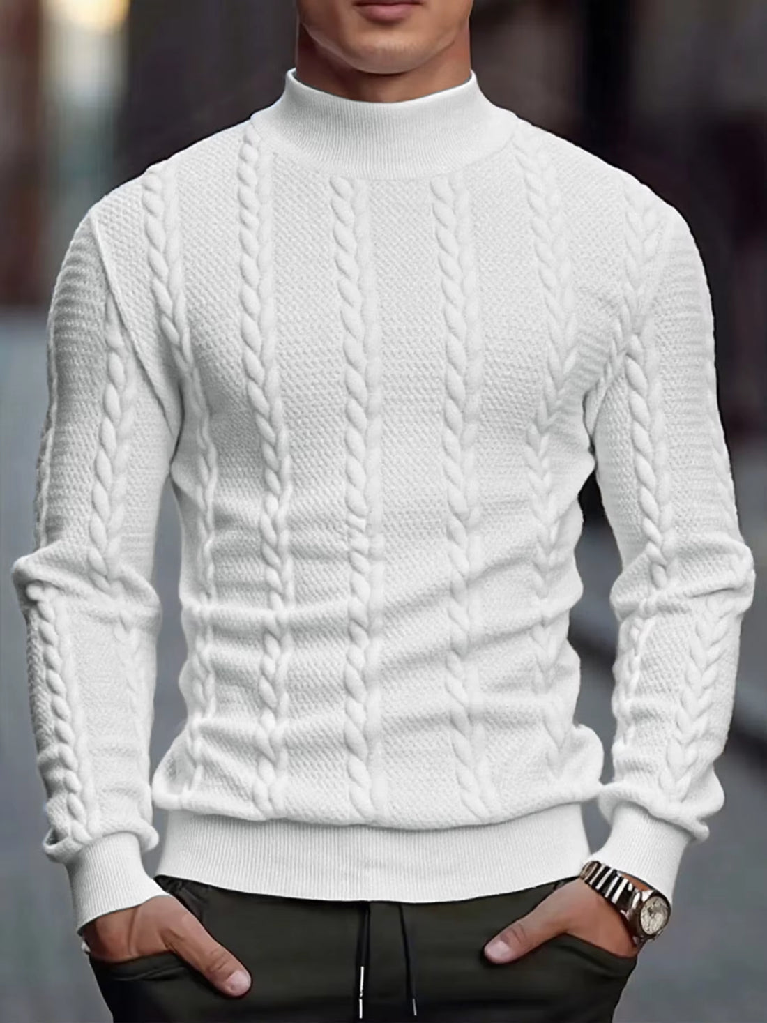 Men'S Knitted High Collar Sweater Casual Vintage Twist Knitwear Sweater Tops Winter Solid Color Slim Fit Warmth Sweater Tops