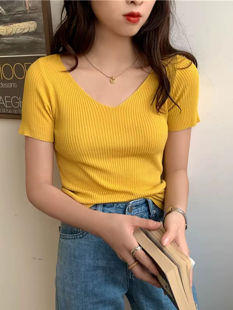 2026 Basic V-Neck Solid Thin Summer Pullover Women Female Knitted Ribbed Sweater Slim Short Sleeve Bodycon Sweater