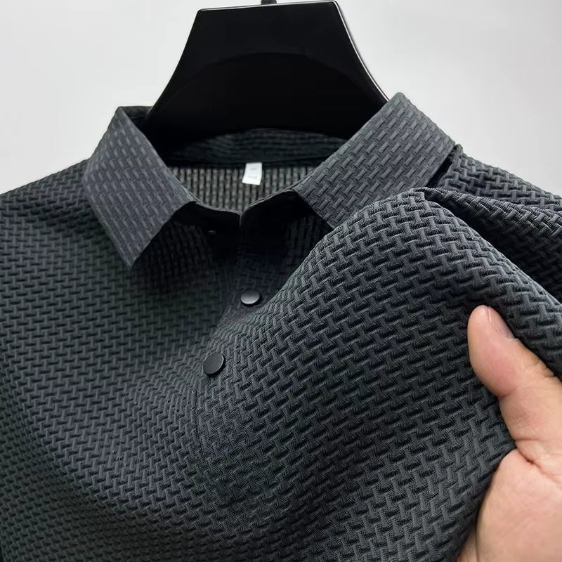Summer New Men'S Lop-Up Hollow Short-Sleeved Polo Shirt Ice Silk Breathable Business Fashion T-Shirt Male Brand Clothes