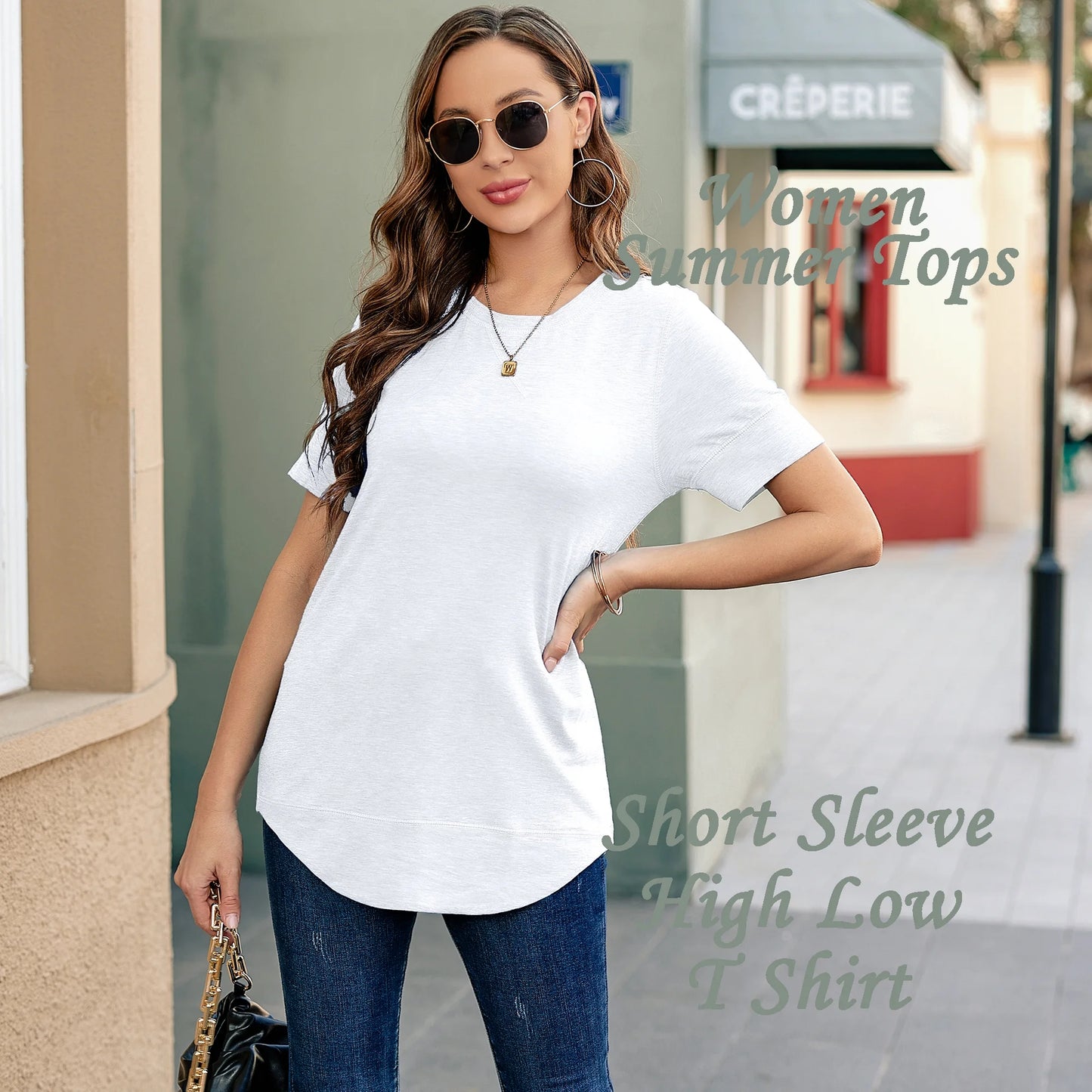 Summer Short Sleeve T-Shirts for Women Fashion Trendy Loose Cute Tunic Casual Crew Neck Tops White Blouse Size L