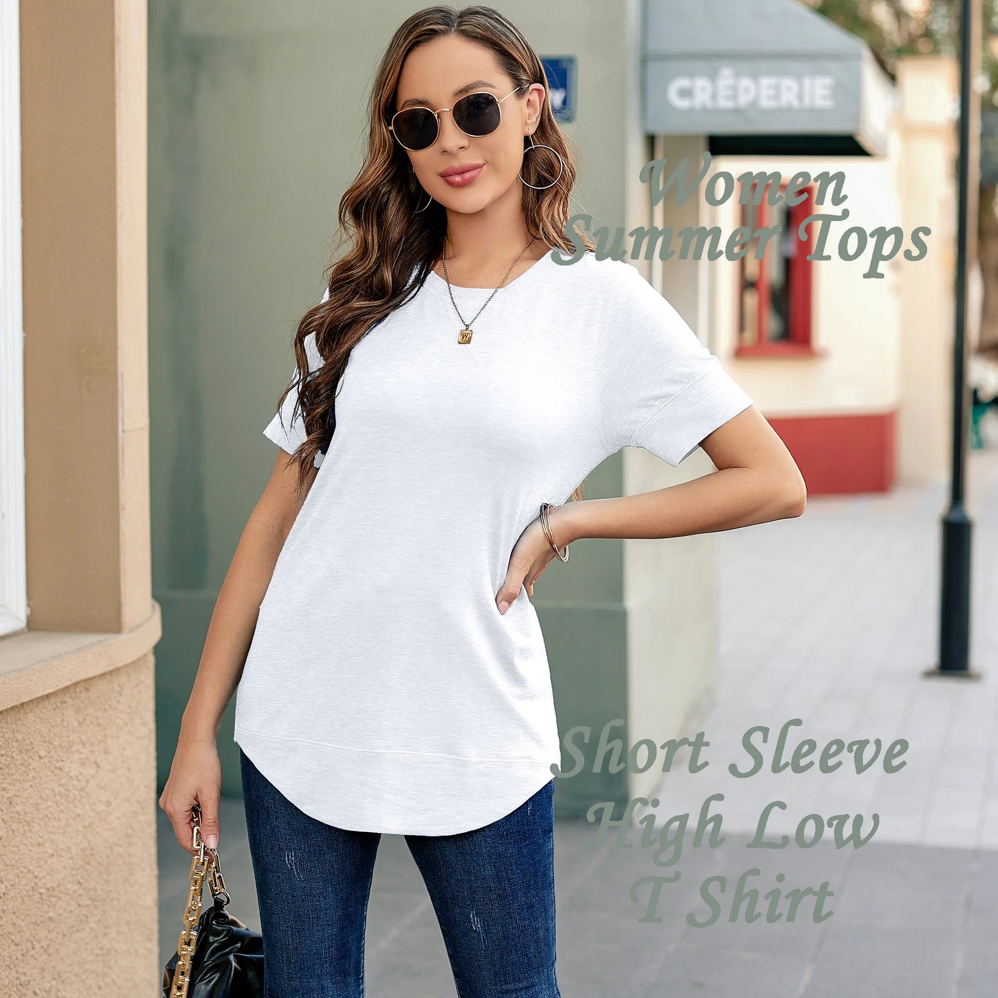Summer Short Sleeve T-Shirts for Women Fashion Trendy Loose Cute Tunic Casual Crew Neck Tops White Blouse Size L
