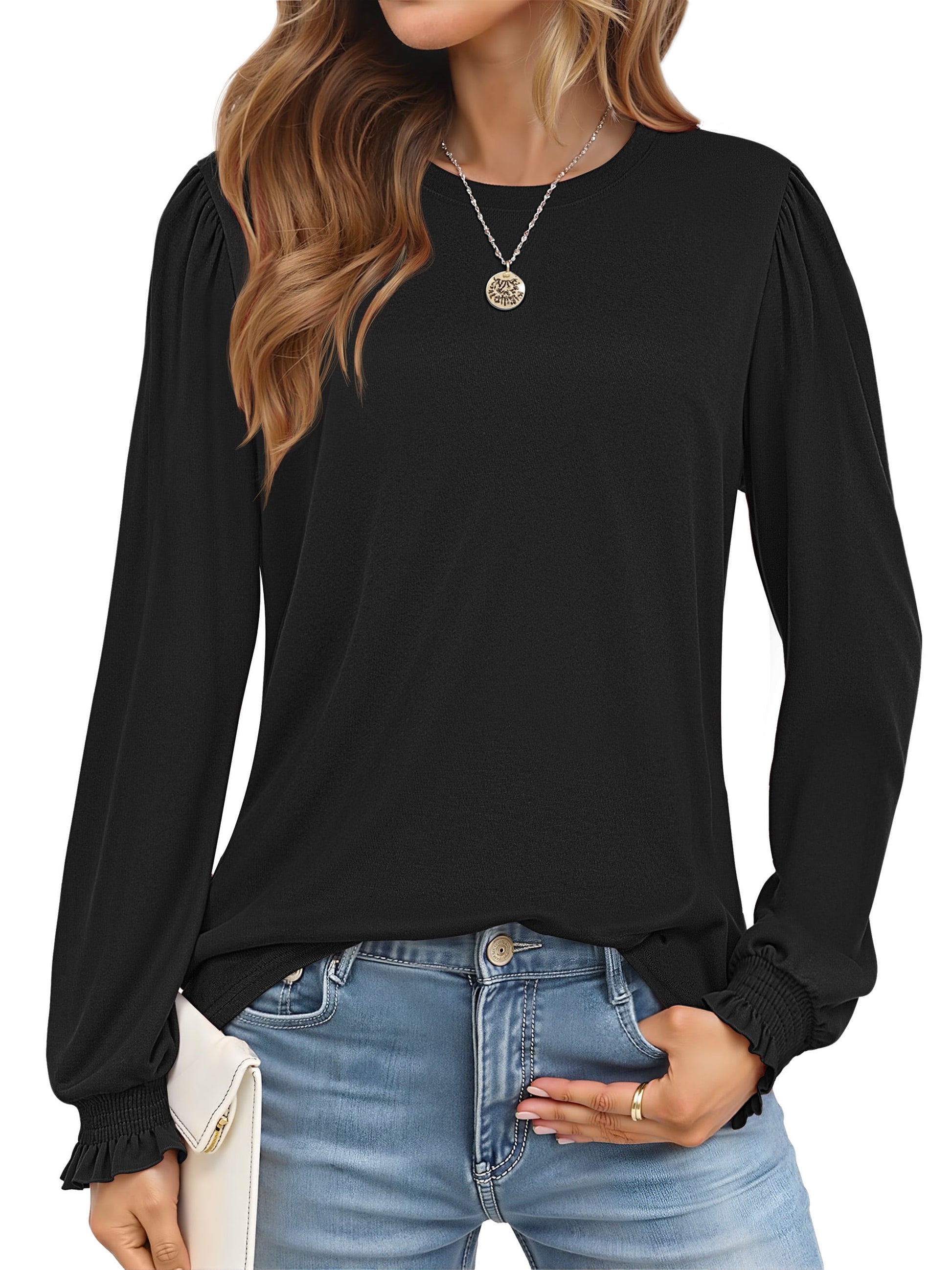 Blouses for Women Dressy Puff Sleeve Tunic Tops Casual Fall Shirts