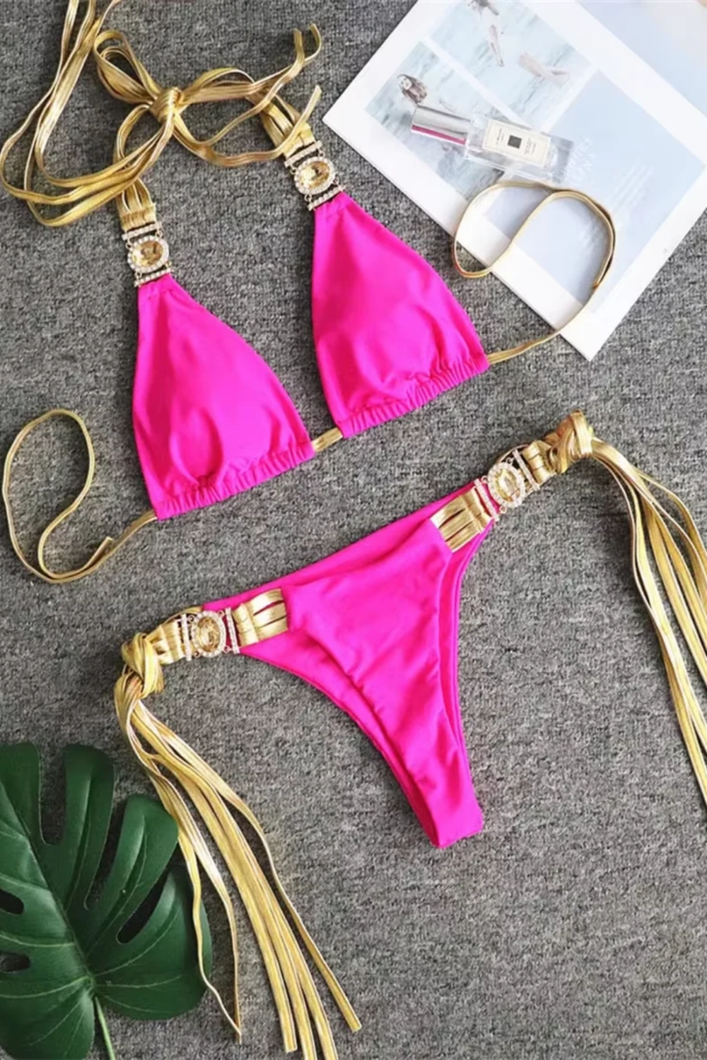 Gold-Tone Trim Triangle Bikini Set