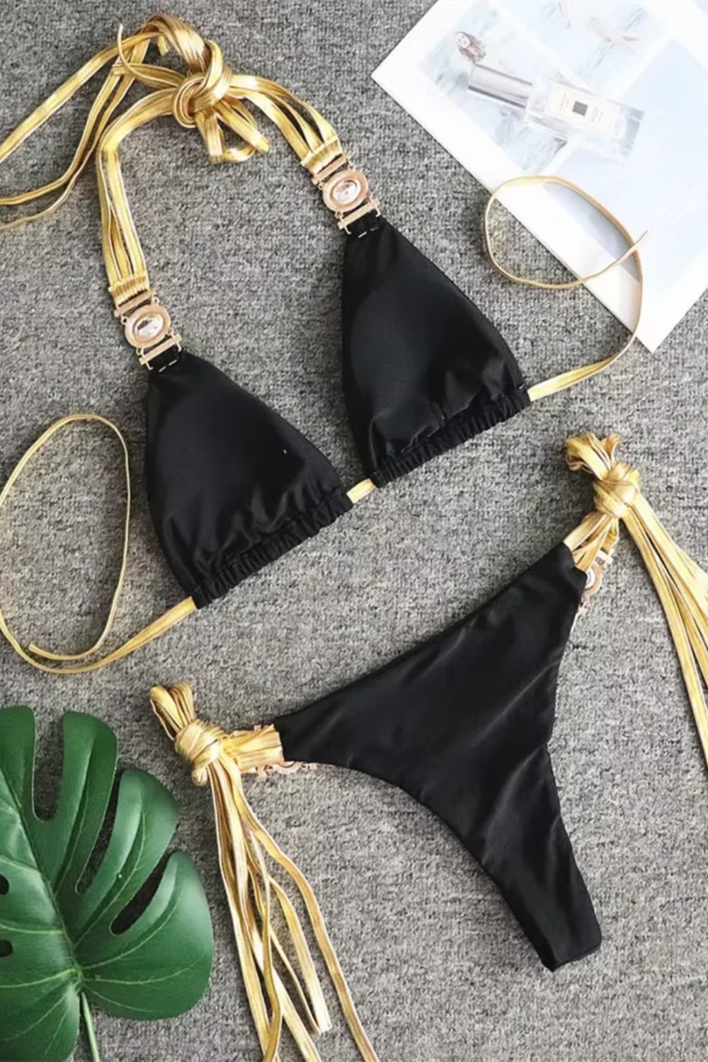 Gold-Tone Trim Triangle Bikini Set