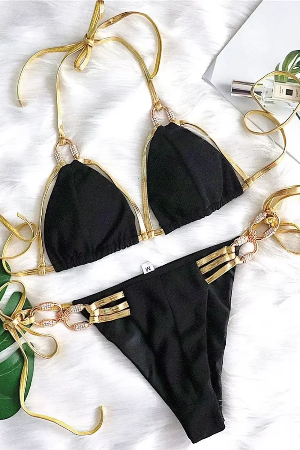 Gold-Tone Trim Triangle Bikini Set