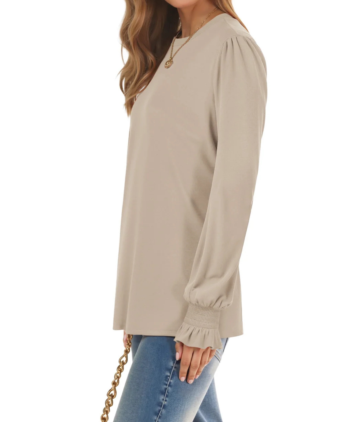 Soft Beige Puff-Sleeve Blouse