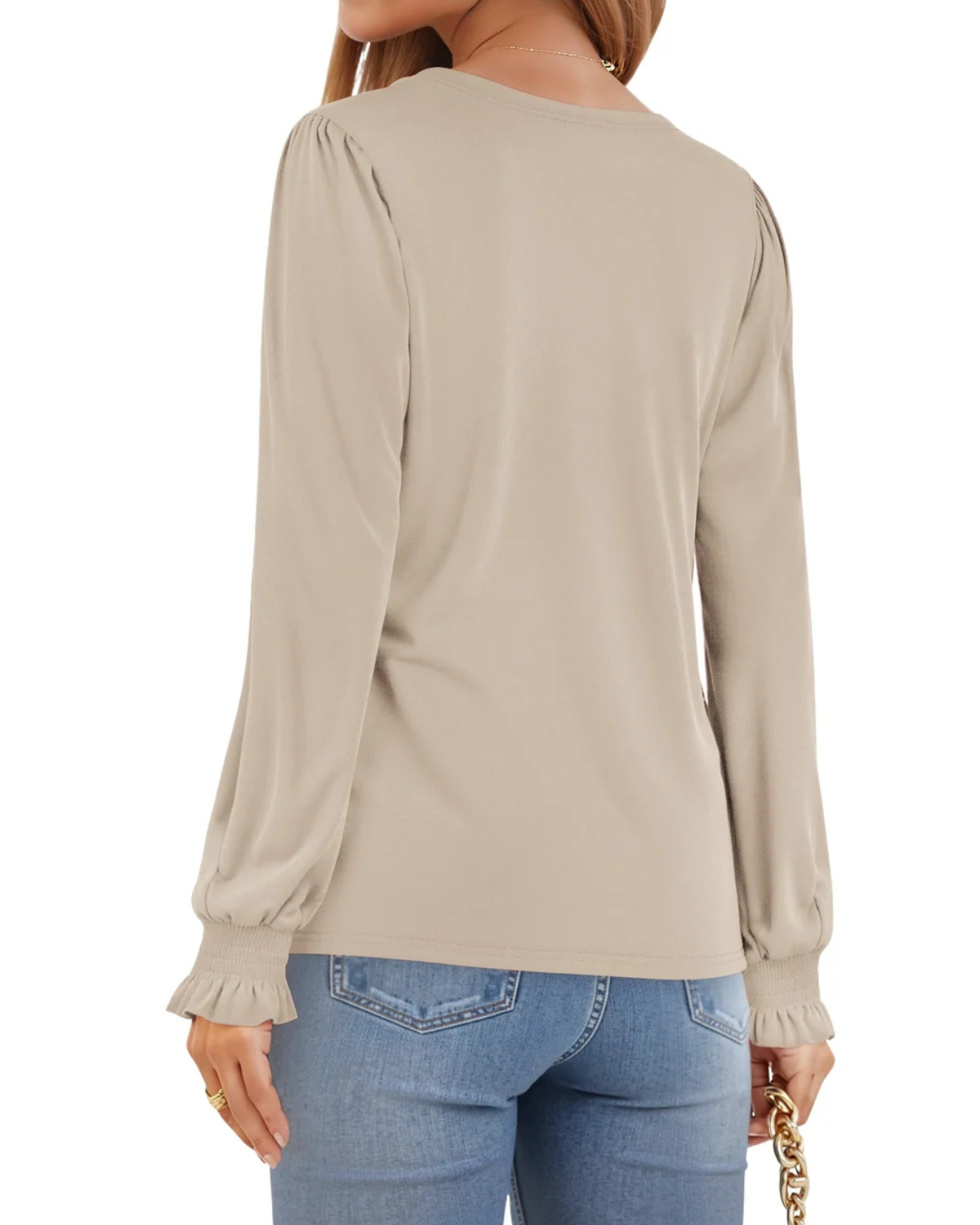 Soft Beige Puff-Sleeve Blouse