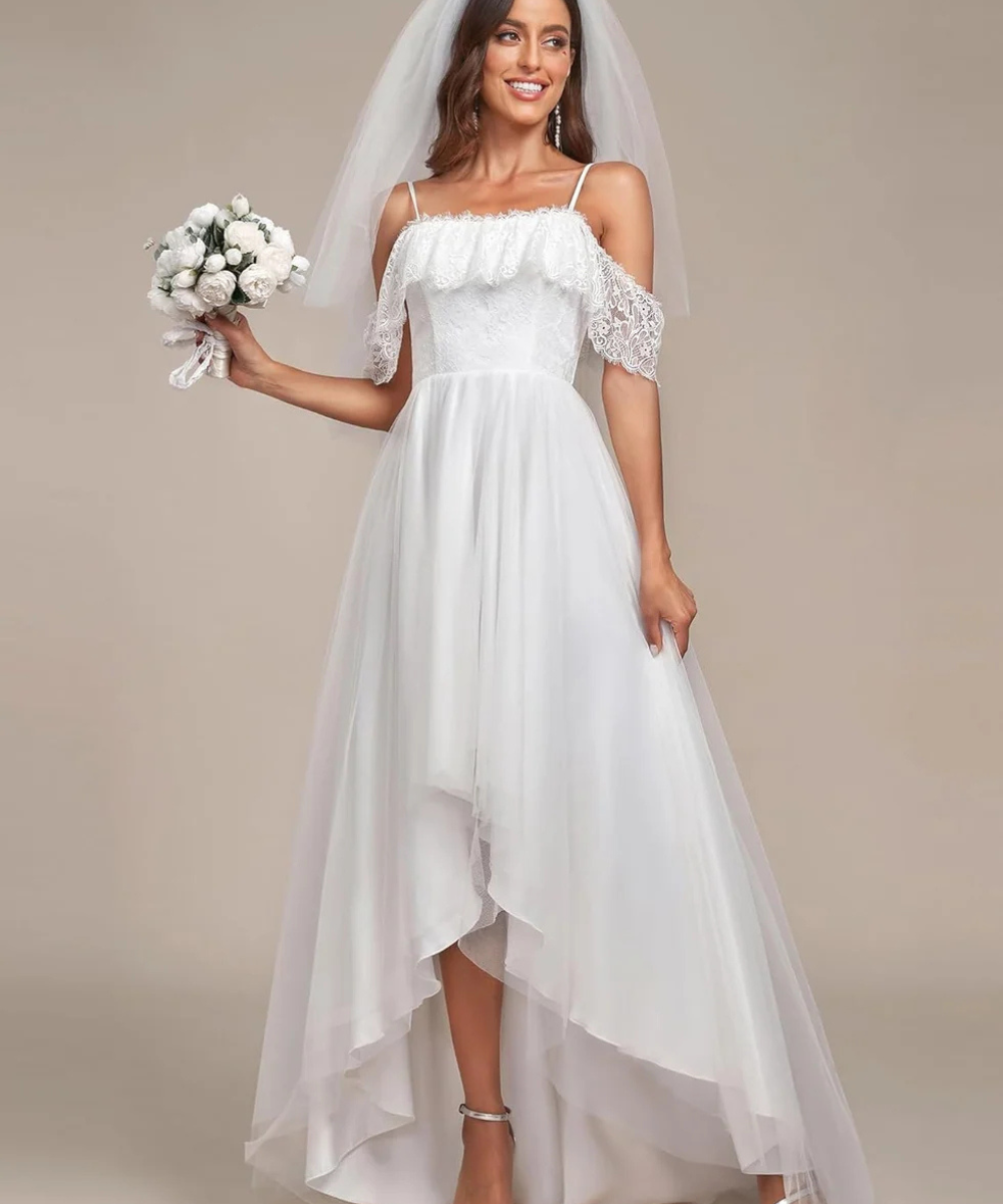 Lace Off-Shoulder High-Low Wedding Dress