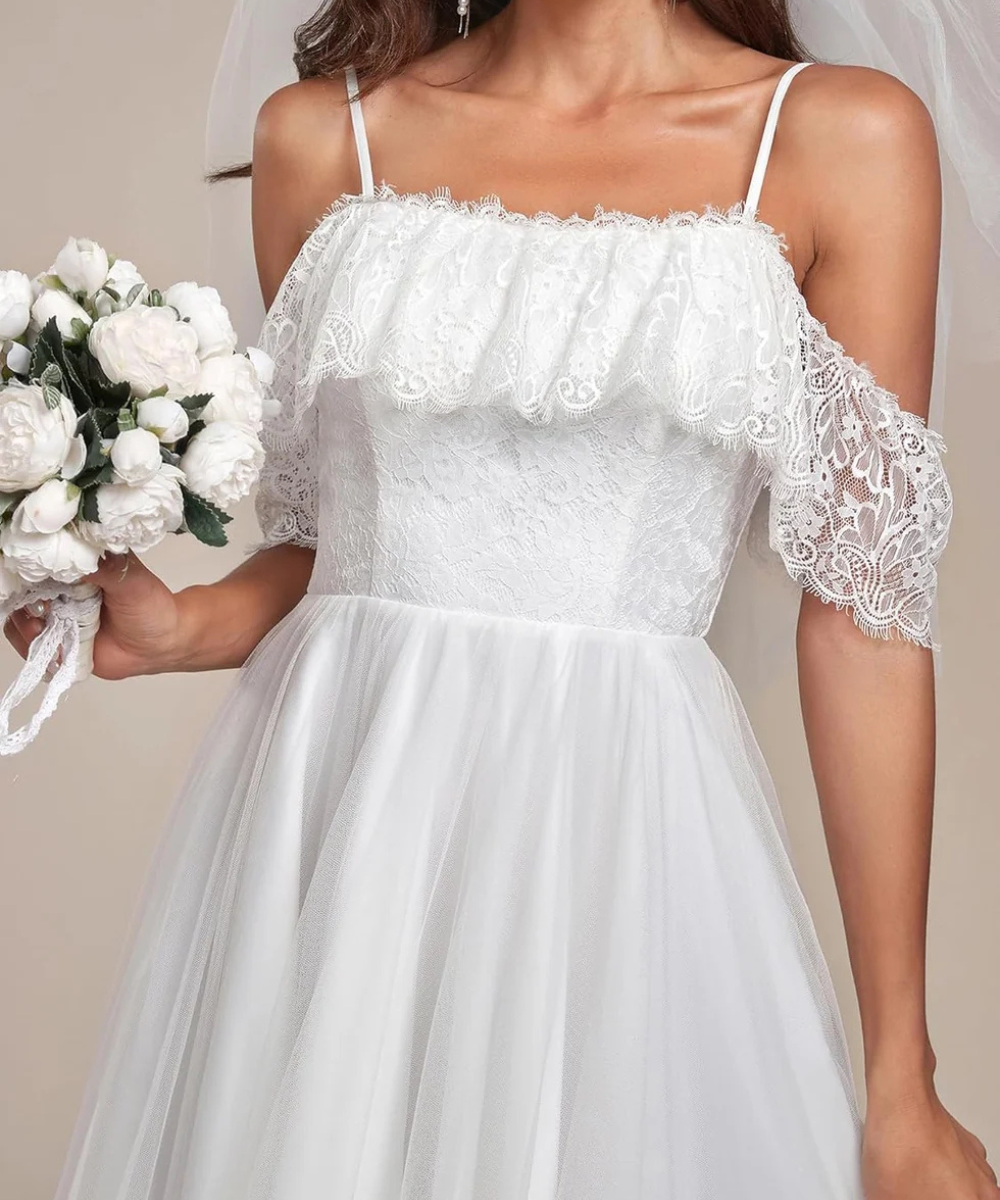 Lace Off-Shoulder High-Low Wedding Dress