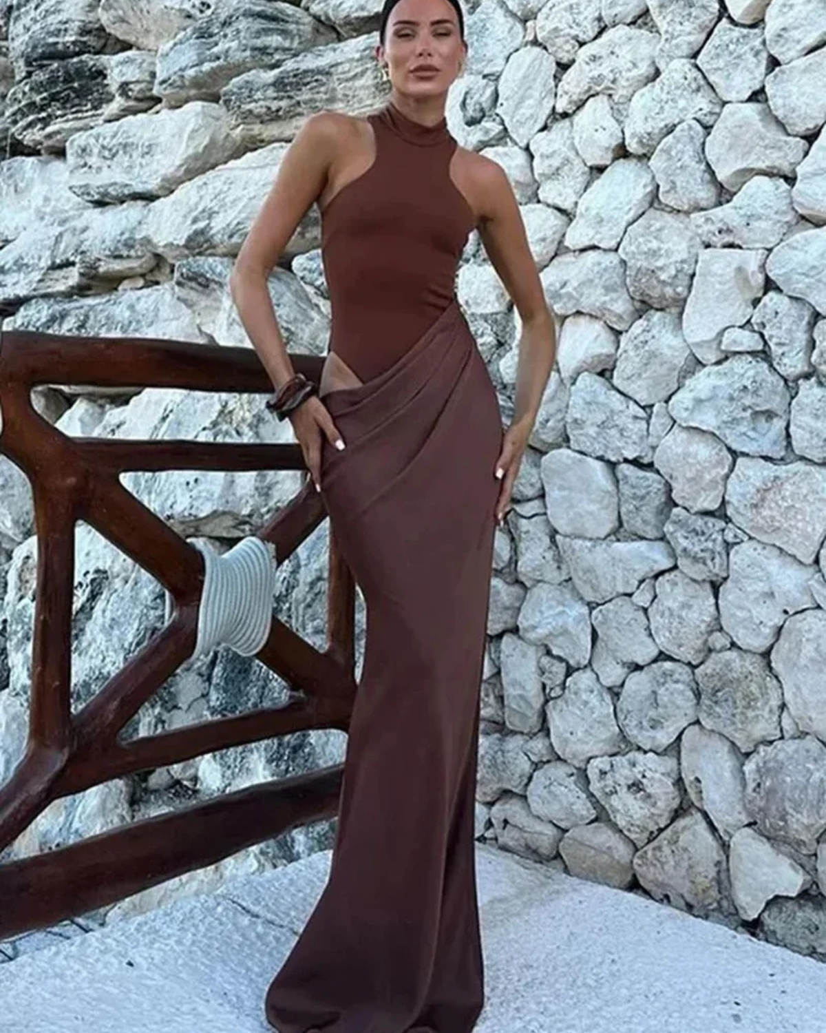 Satin Hollow-Out Maxi Dress