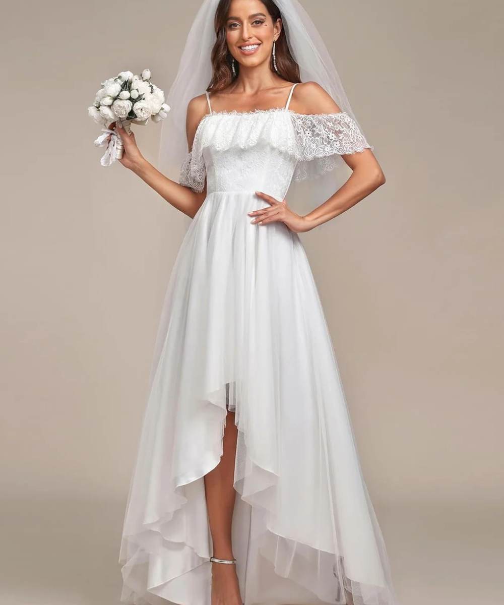 Lace Off-Shoulder High-Low Wedding Dress