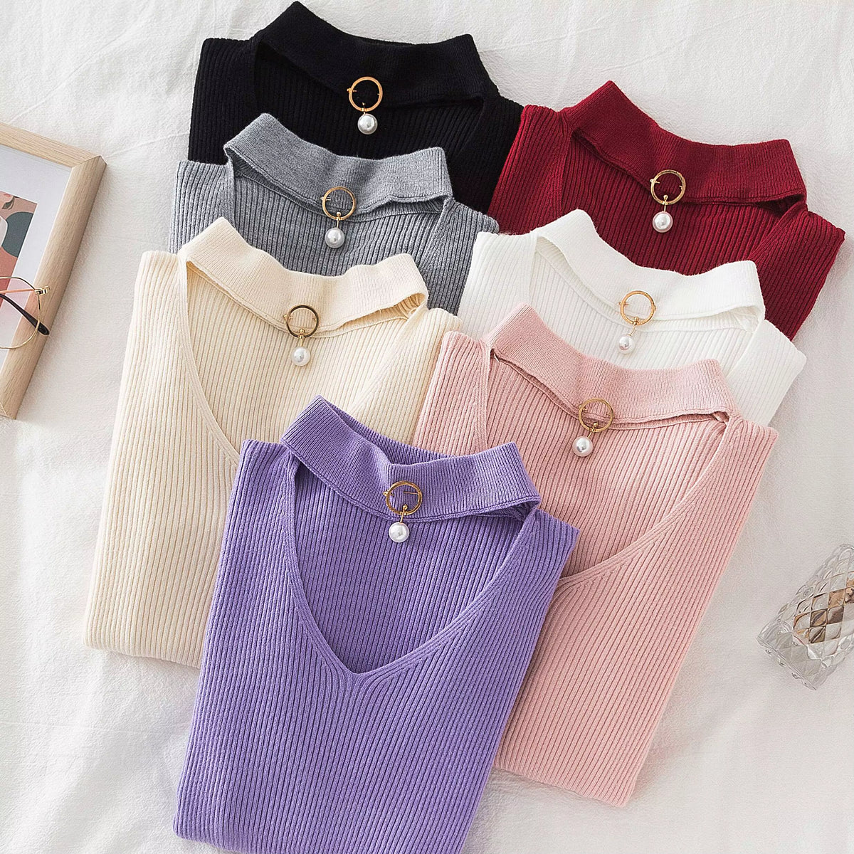 2026 Basic V-Neck Beading Solid Autumn Winter Sweater Pullover Women Knitted Sweaters Slim Stretch Badycon Jumper Mujer