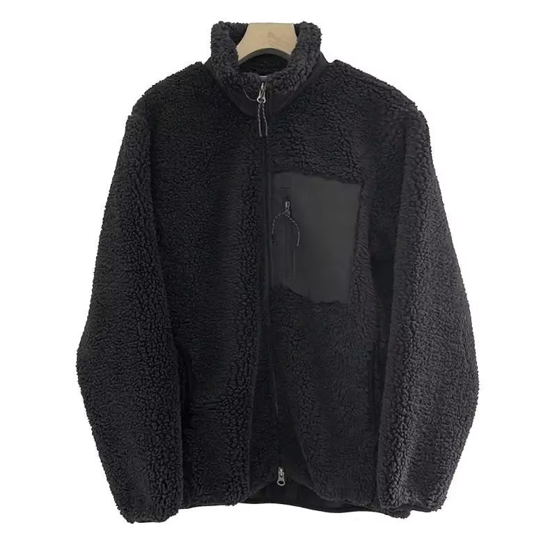 Autumn and Winter Japanese Men'S and Women'S Fleece Stand Neck Jacket Couple Zipper Loose Warm Lamb Wool Coat Solid Color Jacket