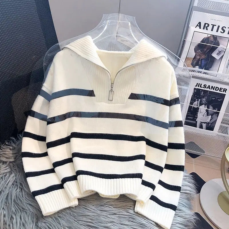 Sweater Pullover Women Spring and Autumn Underwear New Zipper Stripe Underlay Short Style Popular Premium Sweater Female