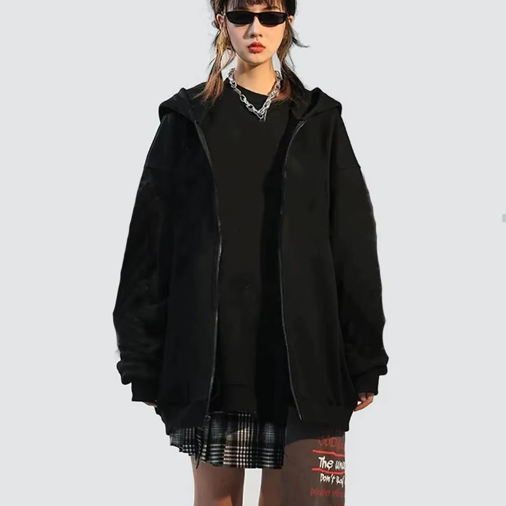 High Street Hoodie Men Solid Color Zip up Long Sleeve Loose Jacket Coats Casual Hooded Sweatshirt Y2K Fashion Outdoor Clothes