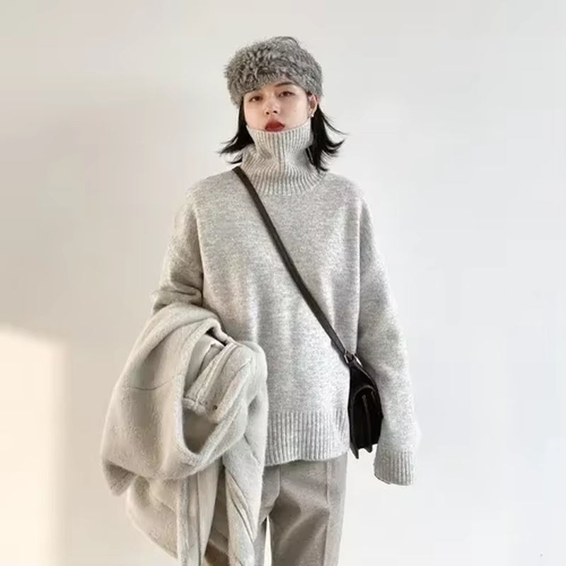 Korean Women'S Sweater Loose Turtleneck Sweaters Warm Solid Pullover Knitwear Basic Female Tops Autumn Winter 2022