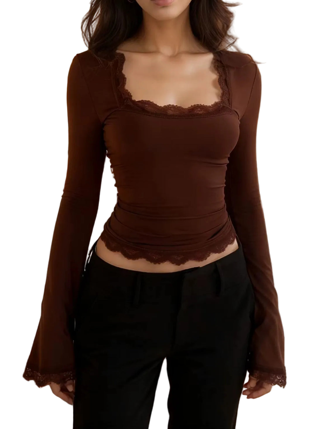 Women'S Sexy Lace Patchwork Square Collar Long Sleeve T-Shirt Elegant Slim Fit Flare Sleeve Cropped Top Spring/Fall 2026